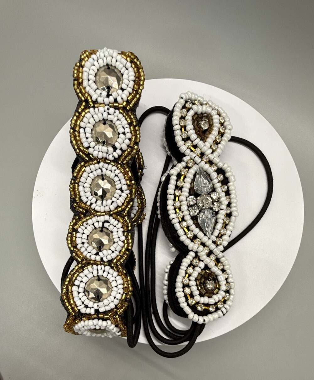 2 Women's Elastic Headbands with Gold, White Beading Rhinestones Festival Retro